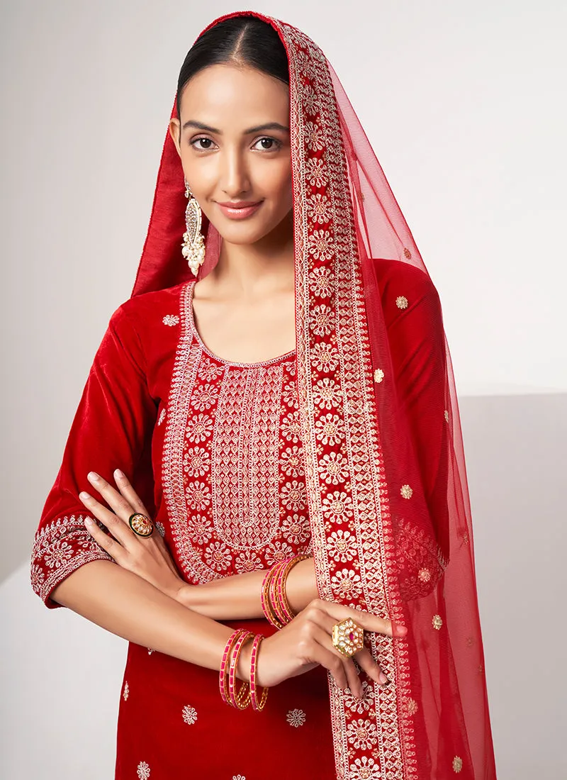 Red Traditional Embroidery Pant Style Suit