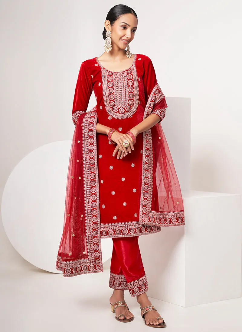 Red Traditional Embroidery Pant Style Suit