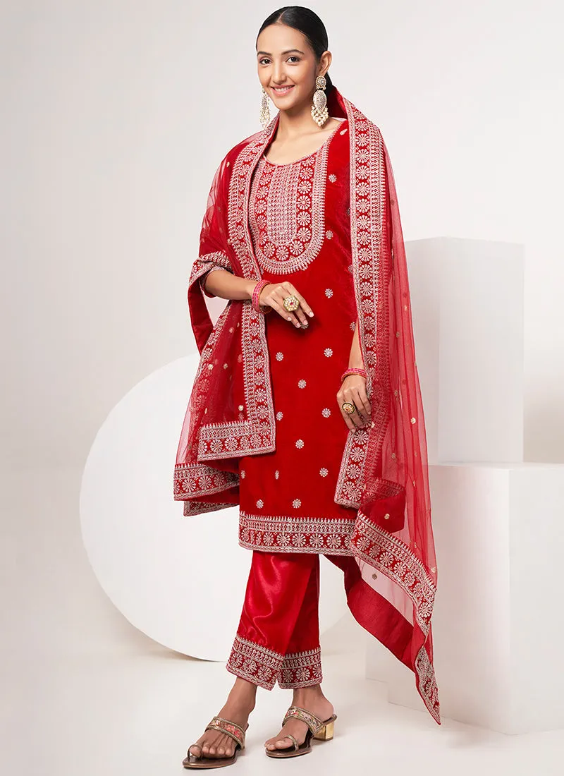 Red Traditional Embroidery Pant Style Suit