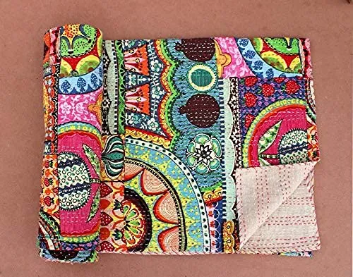 REGMESS Cotton Patchwork Floral Hand Printed Kantha Patch Design Bedding Quilt (Multicolour, 60x90 Inch)