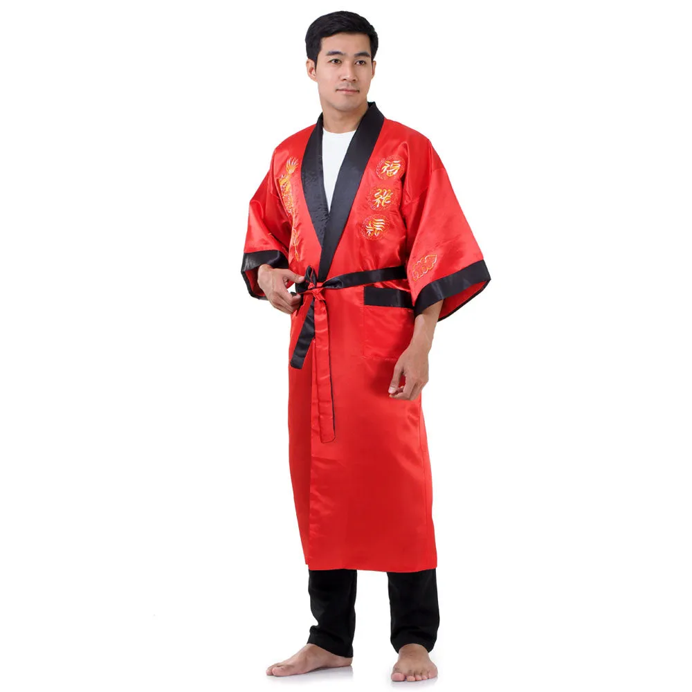 Reversible Red Longwang Dragon Kimono Robe for Men