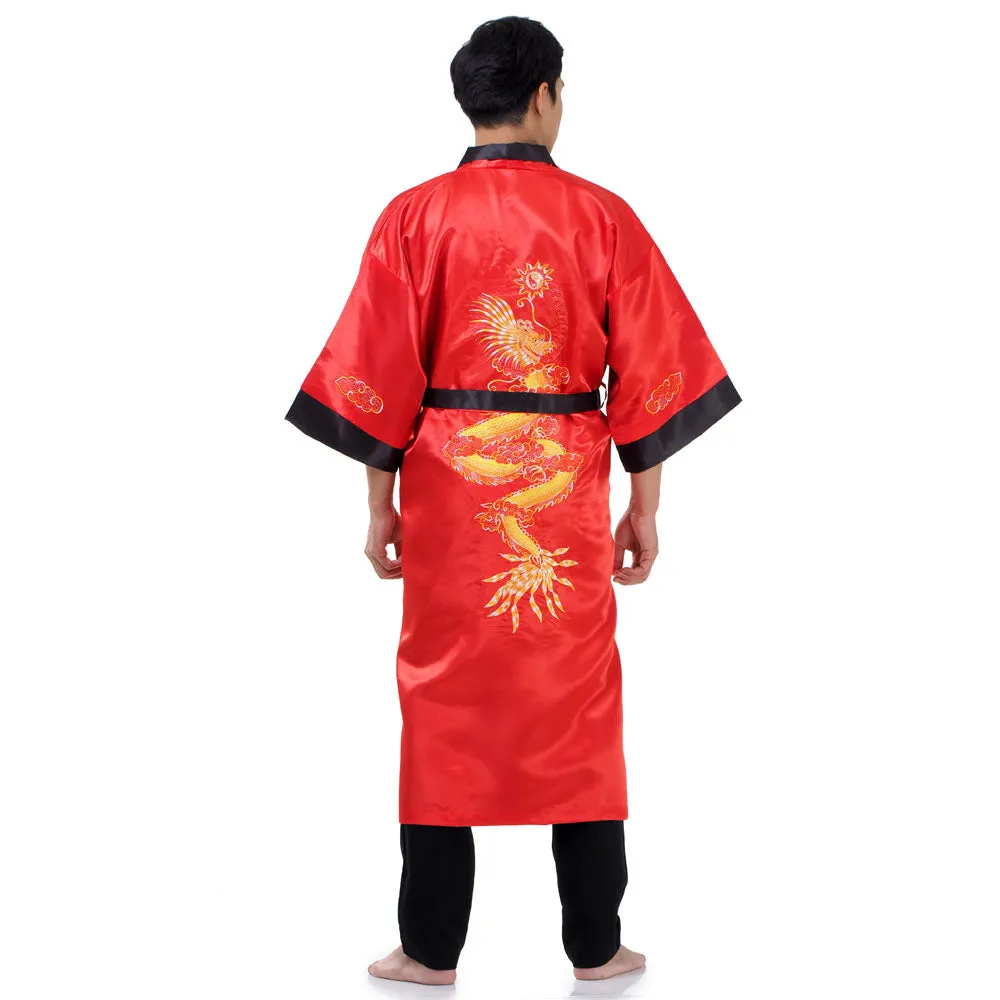 Reversible Red Longwang Dragon Kimono Robe for Men