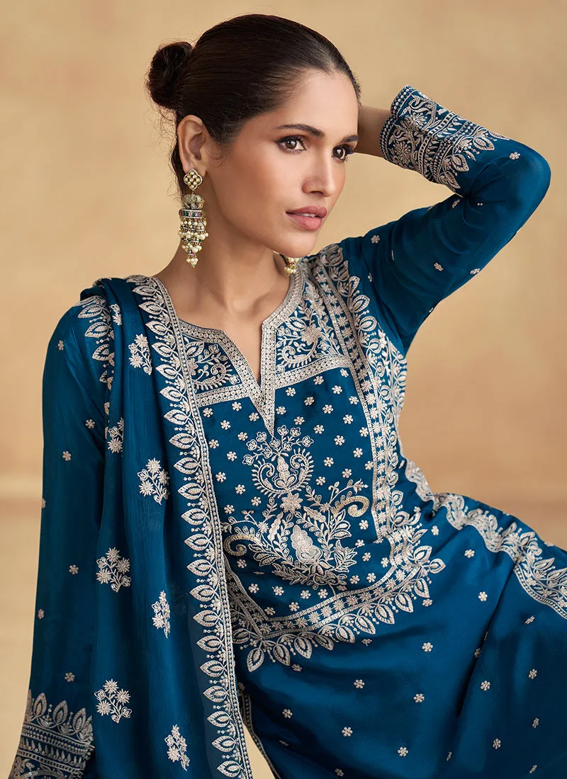 Royal Blue Thread Work Embroidery Festive Palazzo Suit