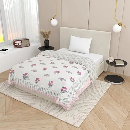 SIBLEY Hand Block Print Quilts Pure Cotton Lightweight Reversible (Double Bed, Pink Floral)