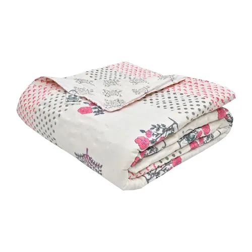 SIBLEY Hand Block Print Quilts Pure Cotton Lightweight Reversible (Double Bed, Pink Floral)