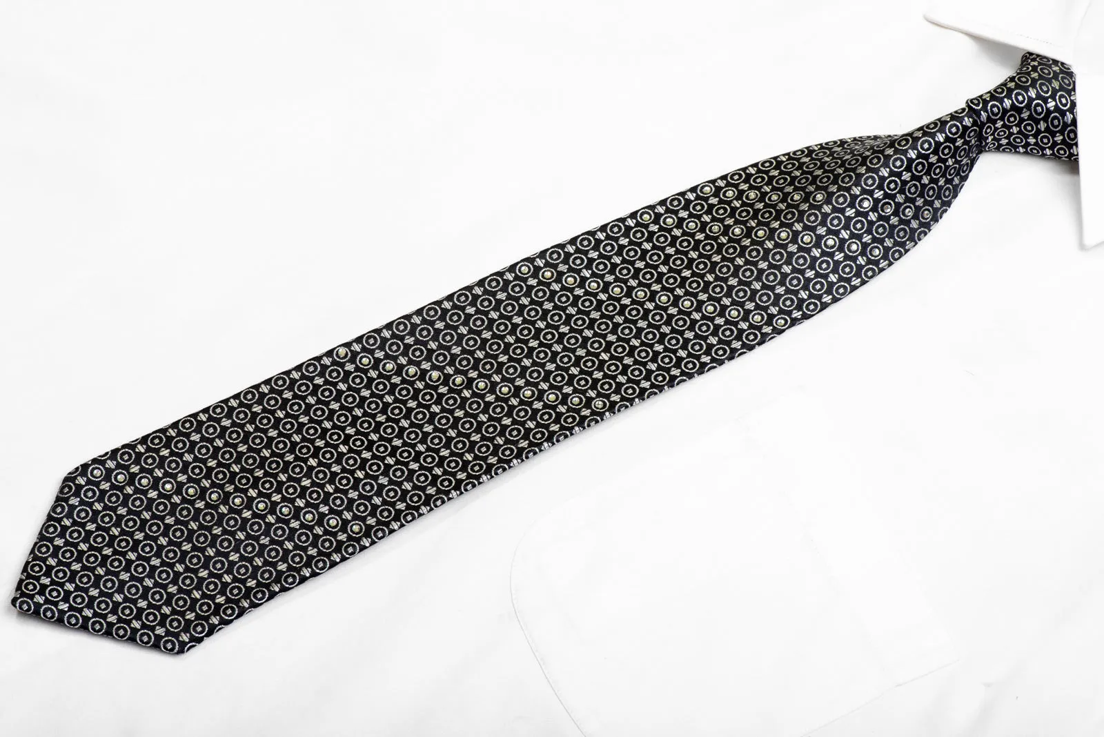 Silver Geometric On Black Rhinestone Silk Necktie