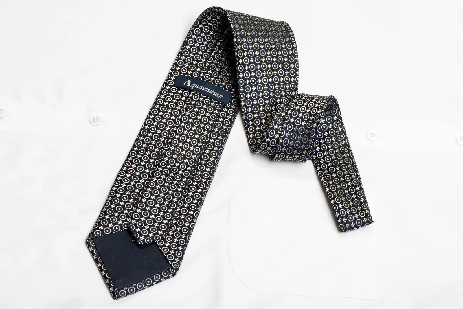 Silver Geometric On Black Rhinestone Silk Necktie