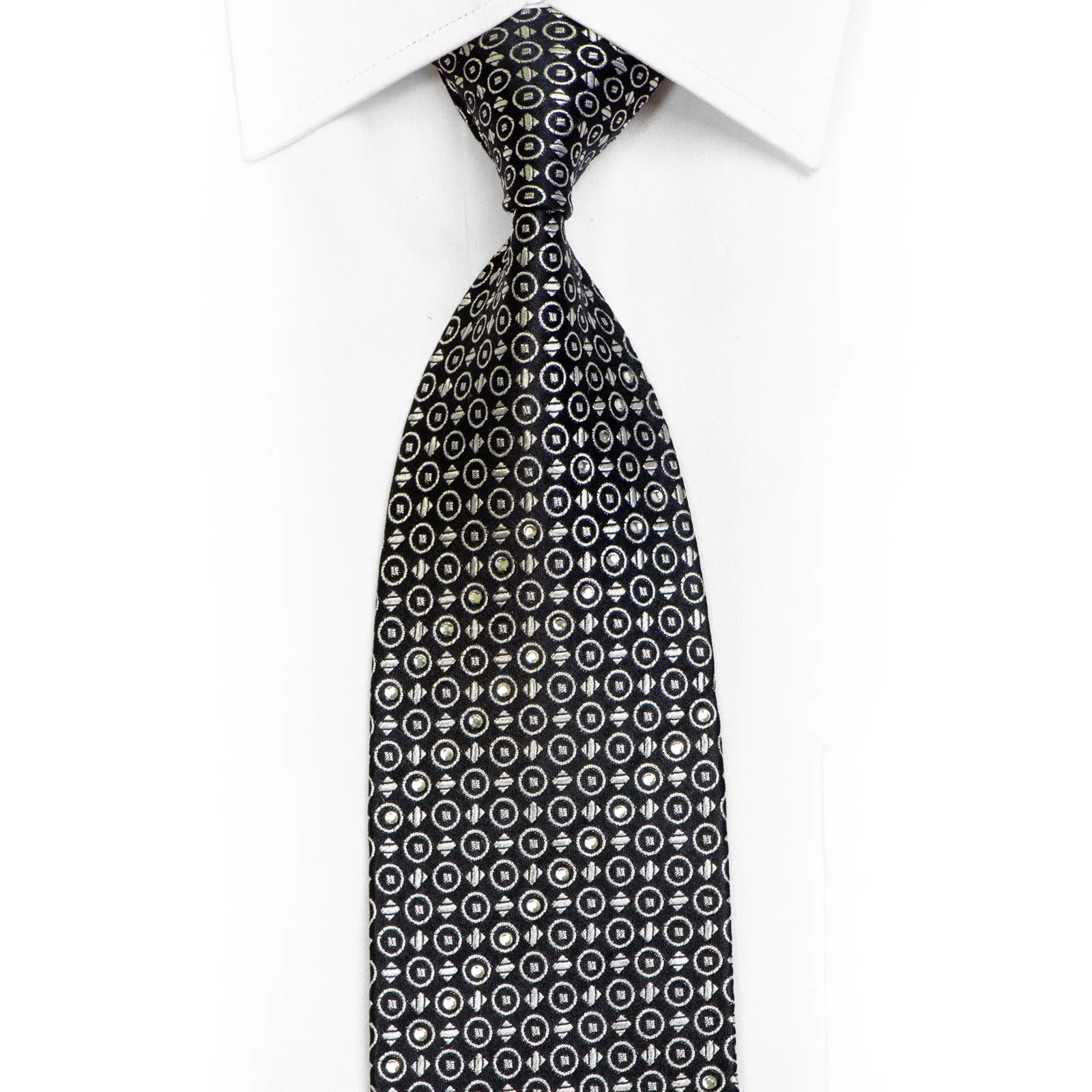 Silver Geometric On Black Rhinestone Silk Necktie