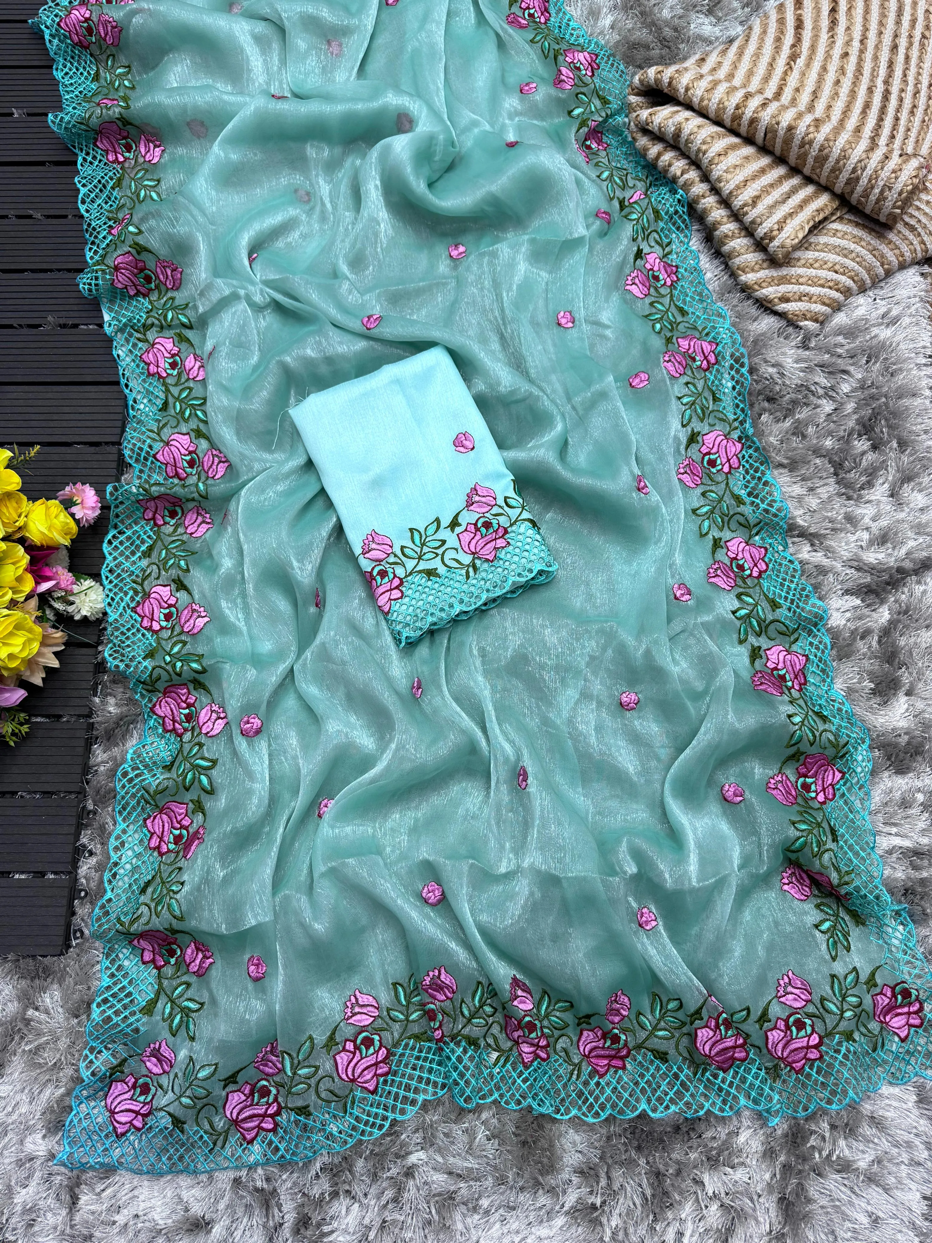 Sky Blue Crush Silk Saree with Intricate Floral Embroidery & Matching Blouse