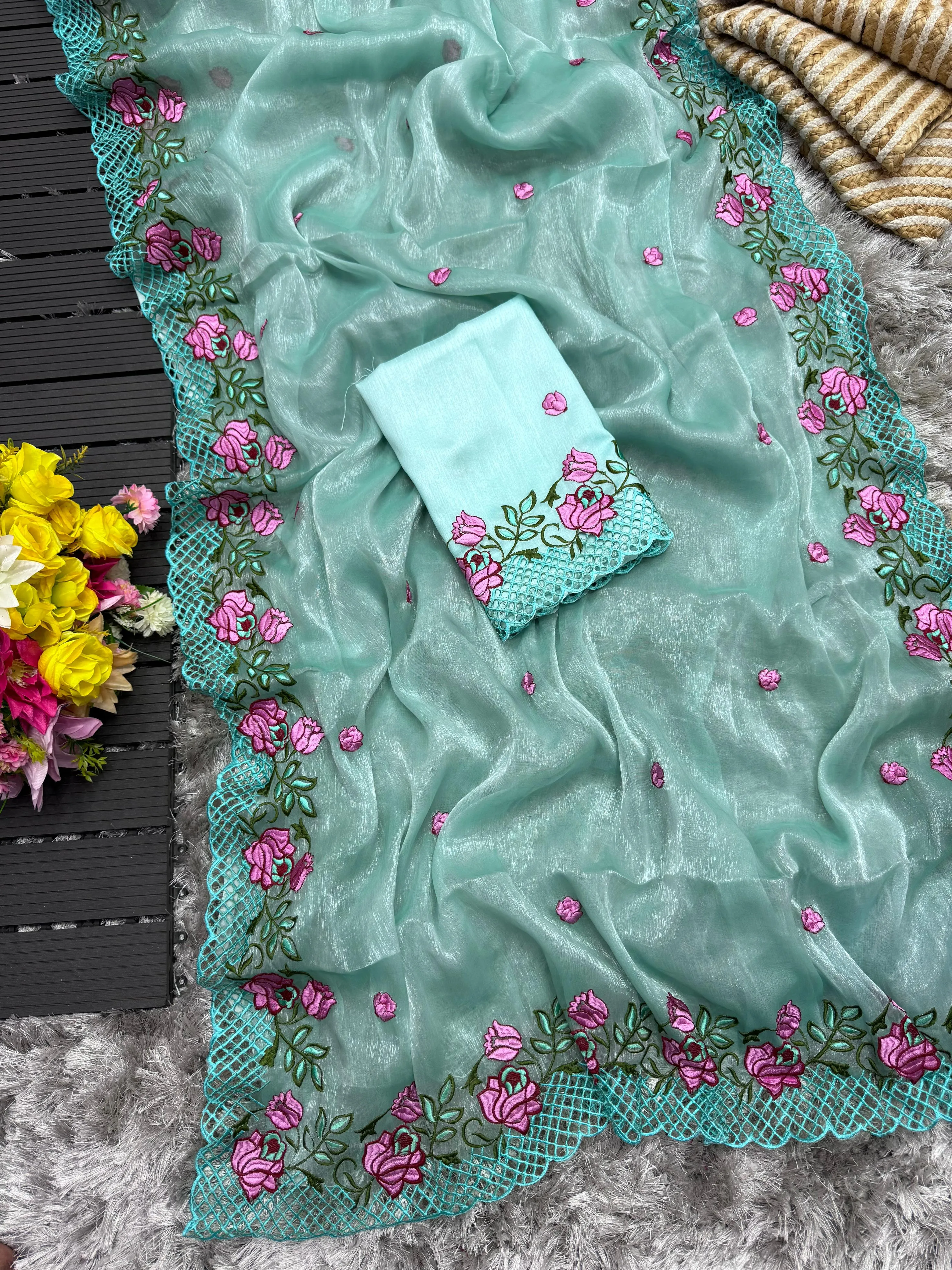 Sky Blue Crush Silk Saree with Intricate Floral Embroidery & Matching Blouse