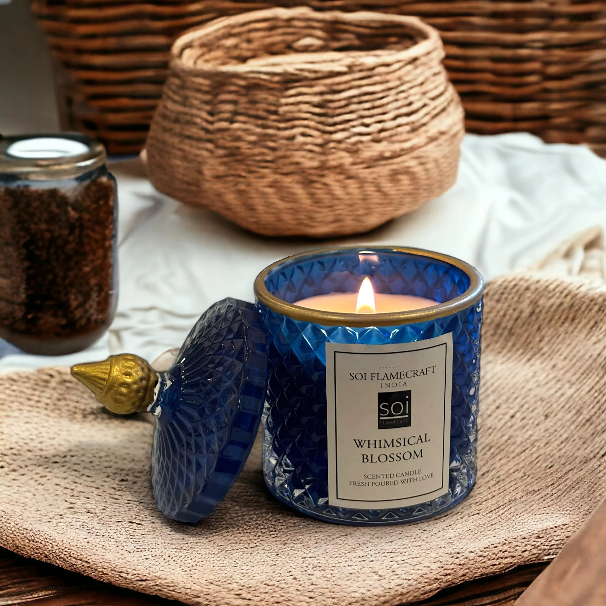 Soi Flamecraft Blue Candy Jar Scented Candle | Whimsical Blossom Fragrance | Long Lasting Soy Wax Candle | 25 hrs Long-Lasting Aroma| Ideal for Home Decor & Gifting | 330 Grams