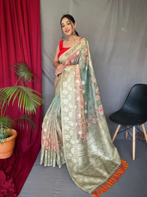 Spanish Green with Peach Banarasi Silk Dual Tone Floral Printed Woven Saree