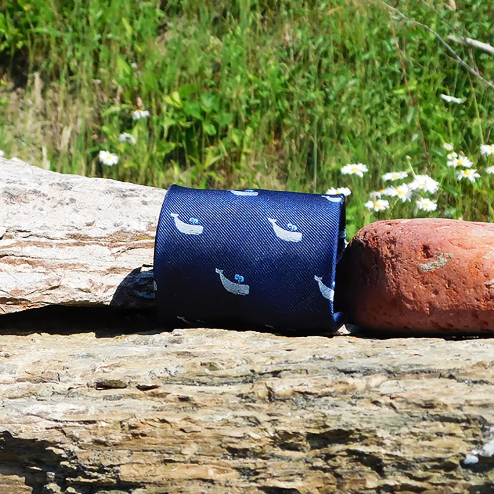 Sperm Whale Necktie - Grey on Navy, Woven Silk - Spread