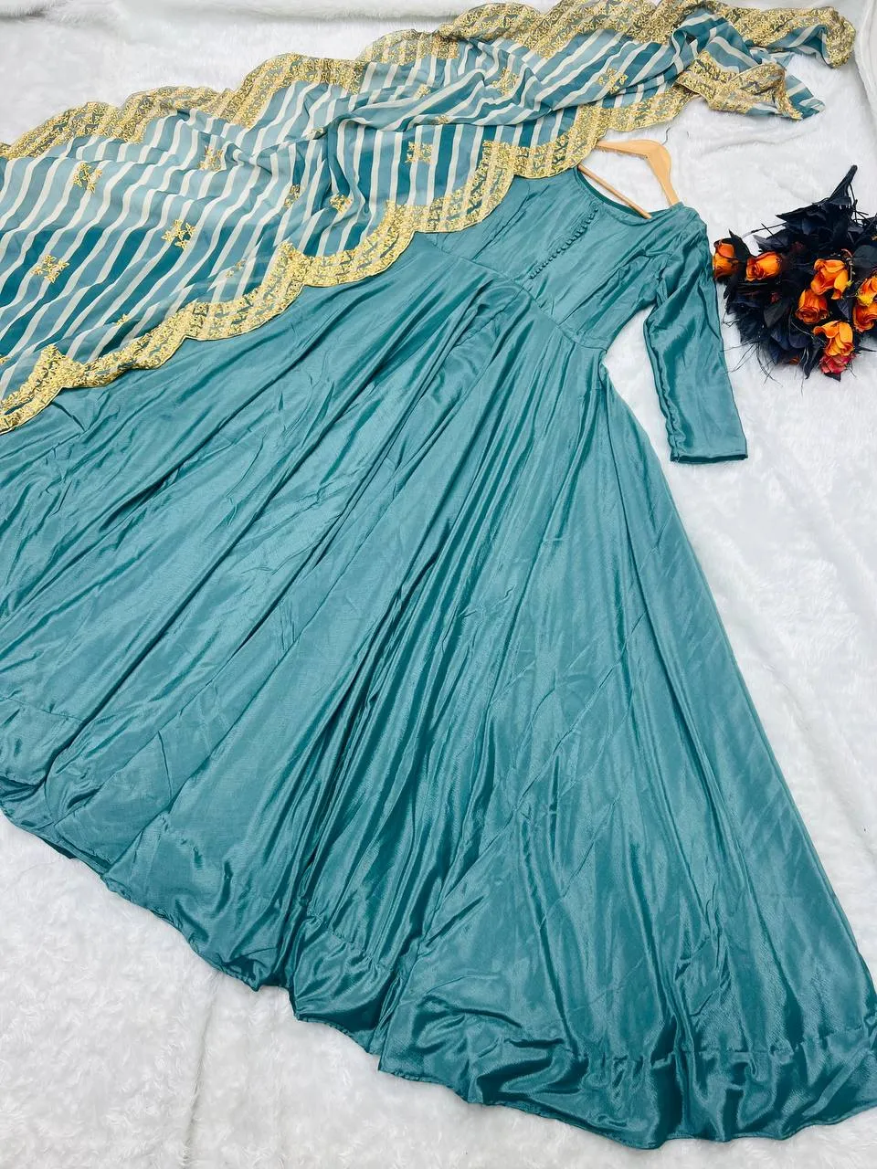 Stunning Teal Blue Color Silk Gown With Work Dupatta