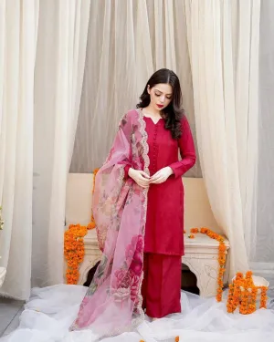 Stylish Pink Color Cotton Sharara Suit With Organza Dupatta