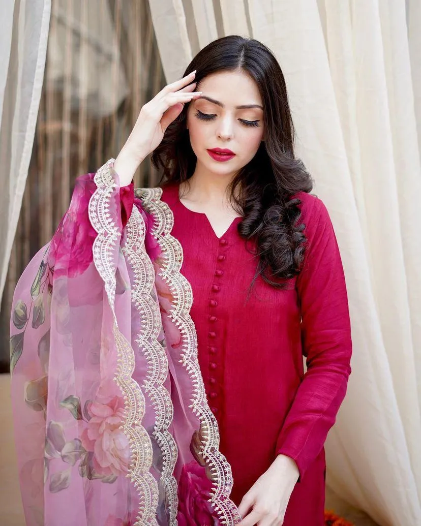 Stylish Pink Color Cotton Sharara Suit With Organza Dupatta