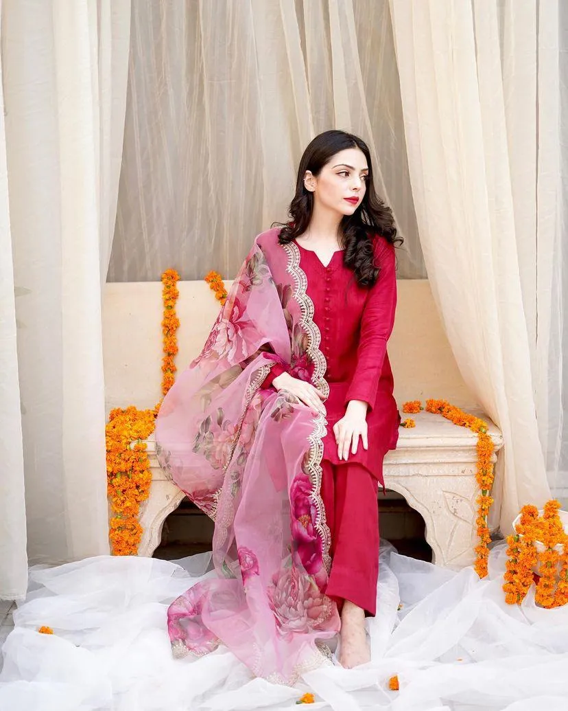 Stylish Pink Color Cotton Sharara Suit With Organza Dupatta