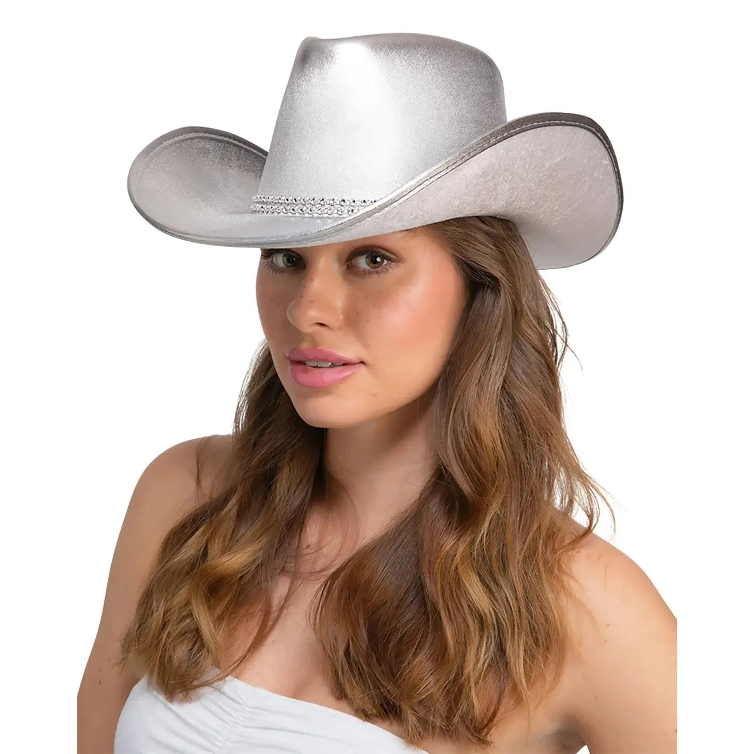 Texan Silver Cowboy Hat with Rhinestone Band Cowgirl Fancy Dress