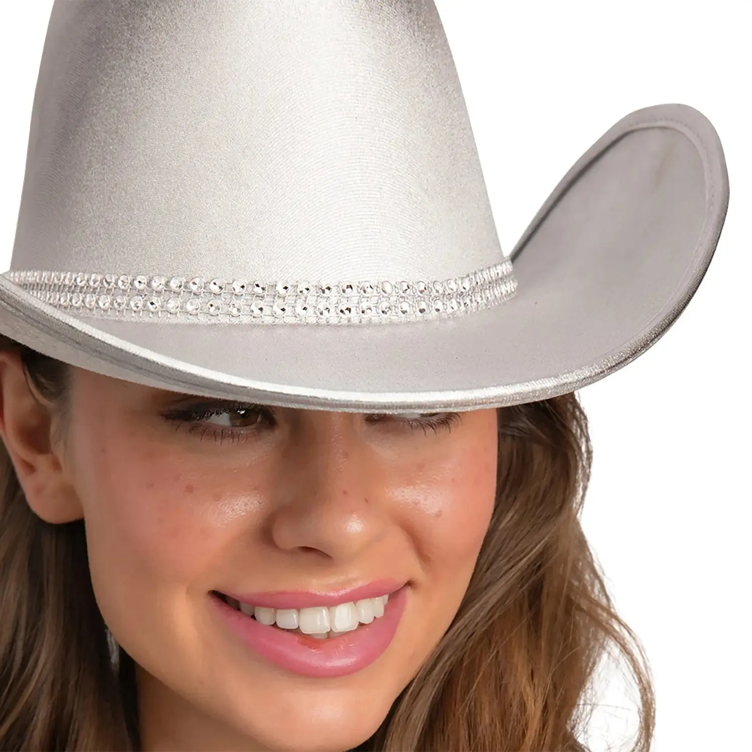 Texan Silver Cowboy Hat with Rhinestone Band Cowgirl Fancy Dress