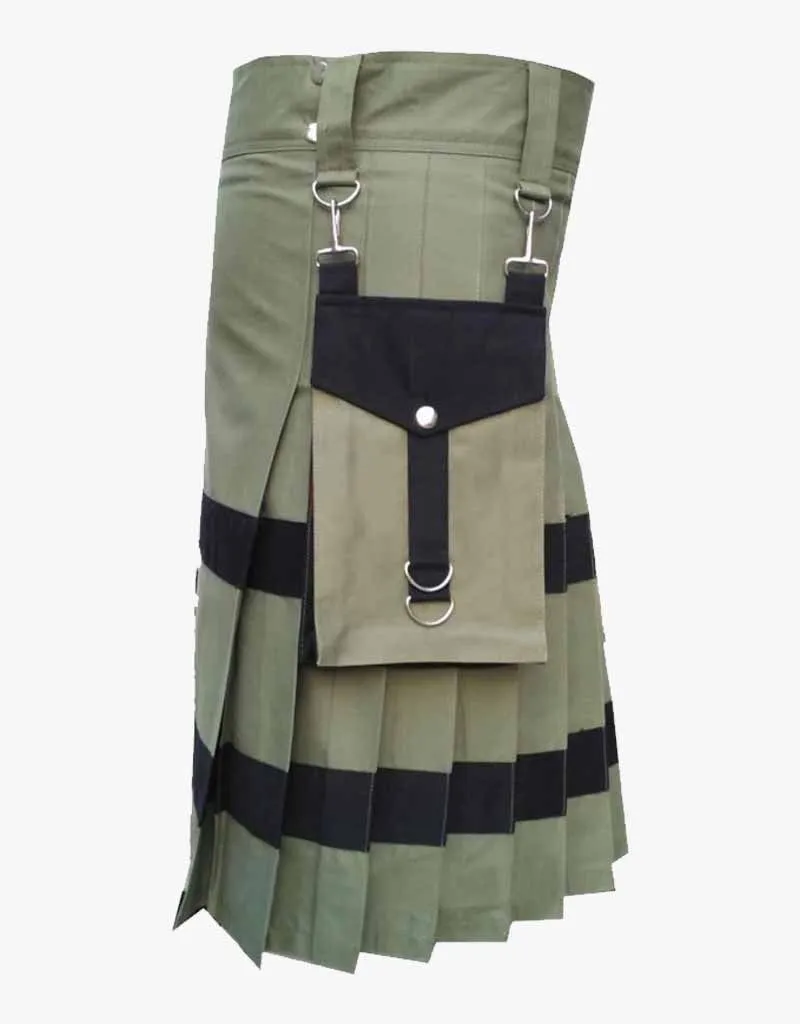 UTILITY KILT IN OLIVE GREEN WITH LEATHER STRAPS