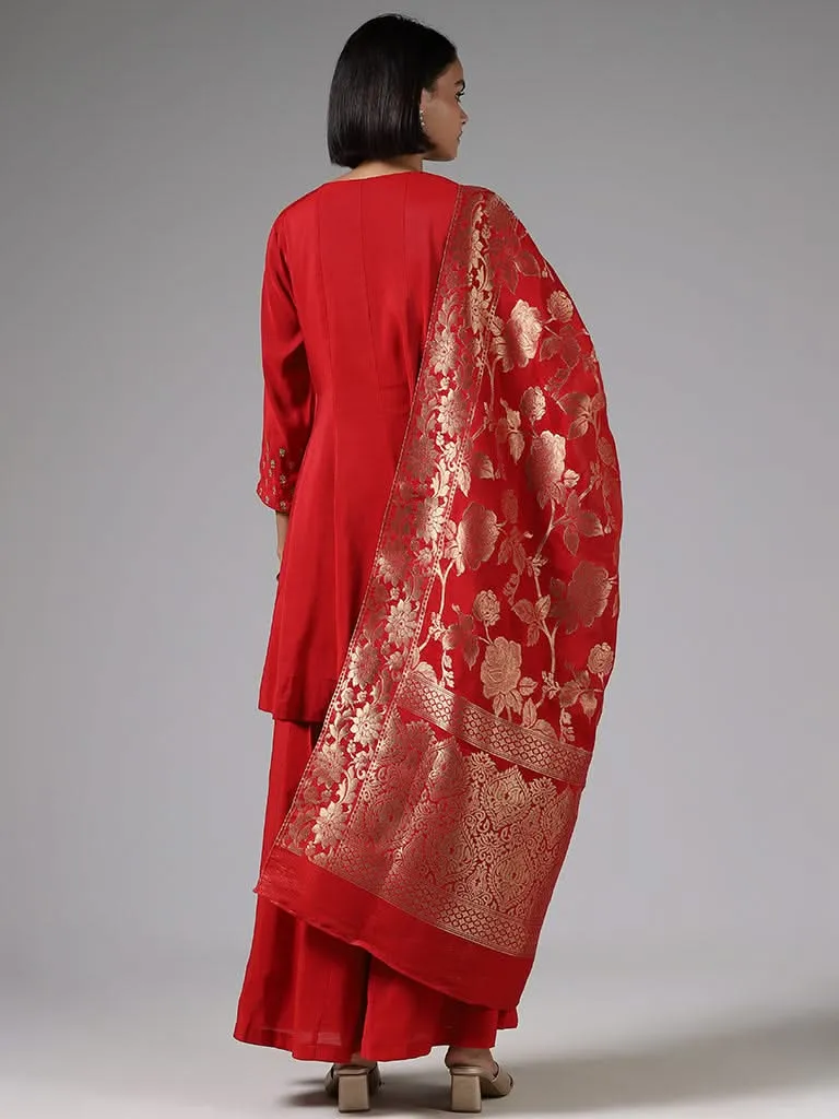 Vark Red Embroidered Kurta, Palazzos and Brocade Dupatta