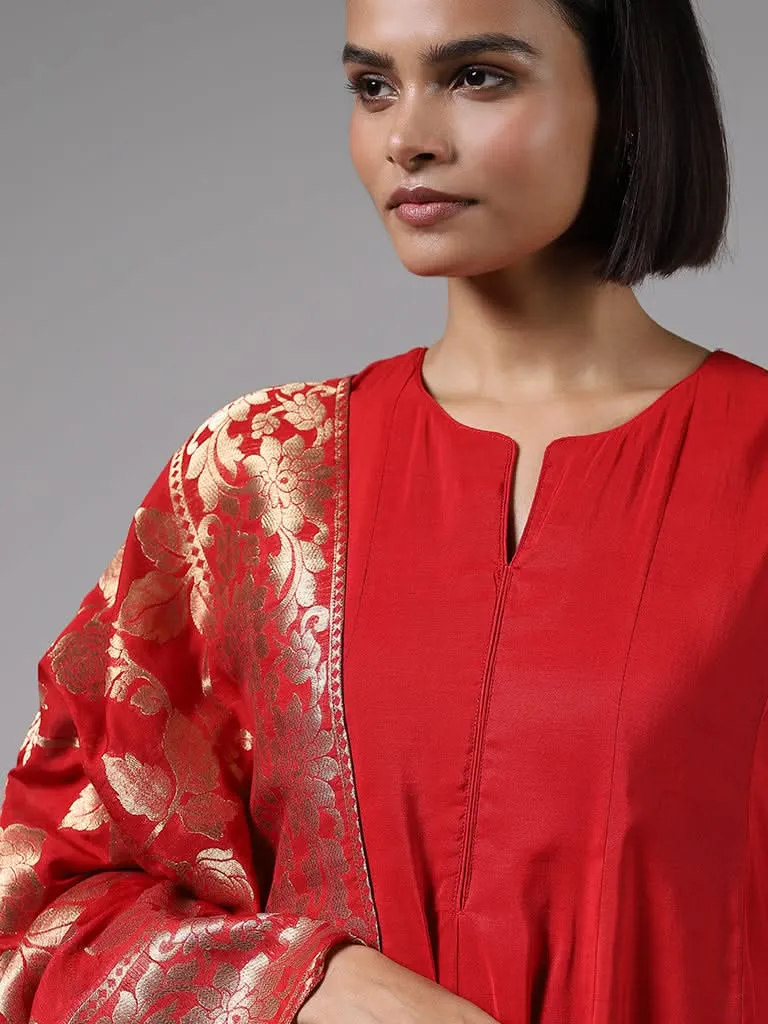 Vark Red Embroidered Kurta, Palazzos and Brocade Dupatta