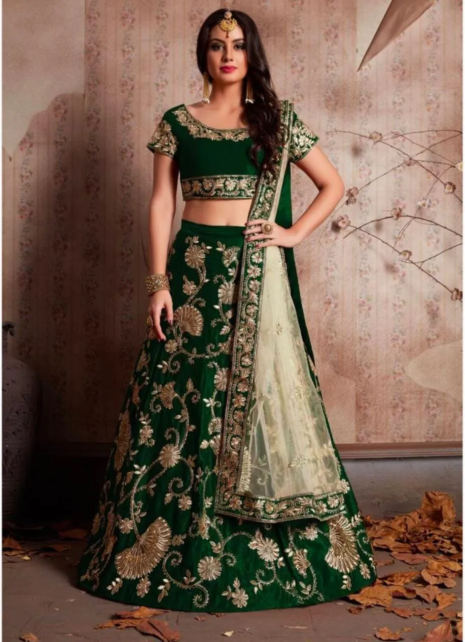 Velvet Silk Green Lehenga Choli Set with Embroidered Net Dupatta