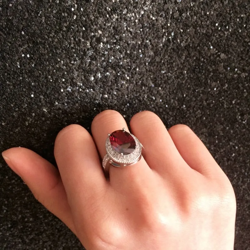 Victorian Jewelry Oval Cut Red Zircon Cocktail  Rings for Women in Silver Color