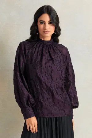 Women Purple Round Neck Jacquard Blouse