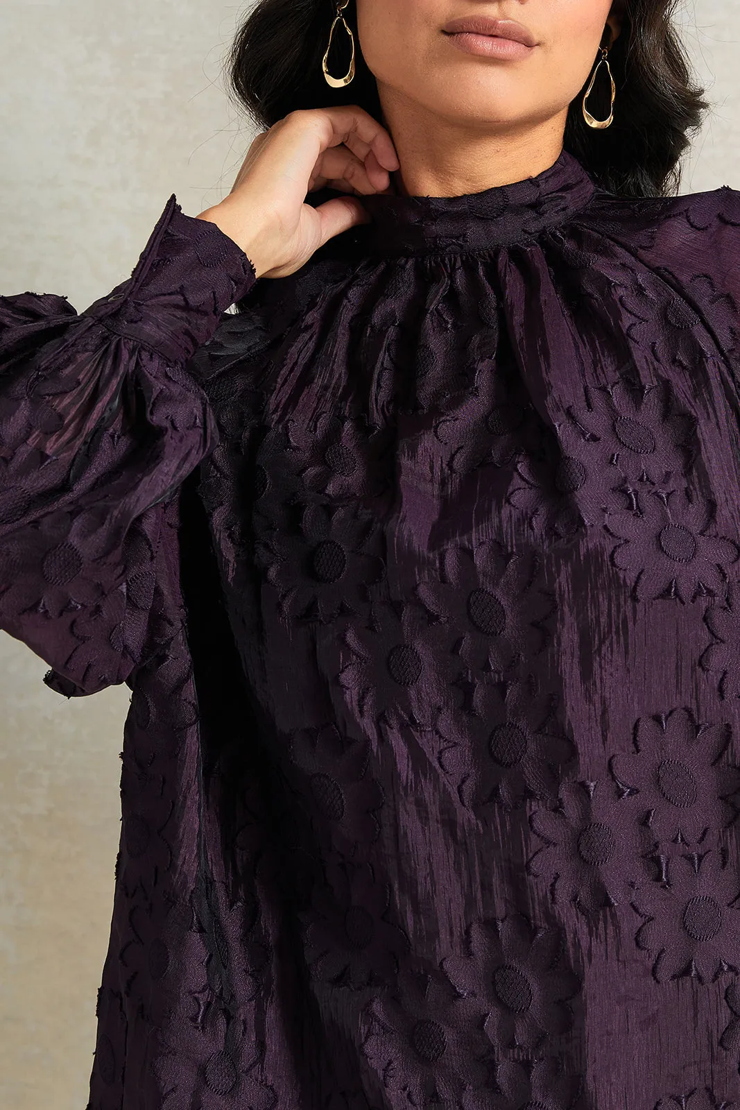 Women Purple Round Neck Jacquard Blouse