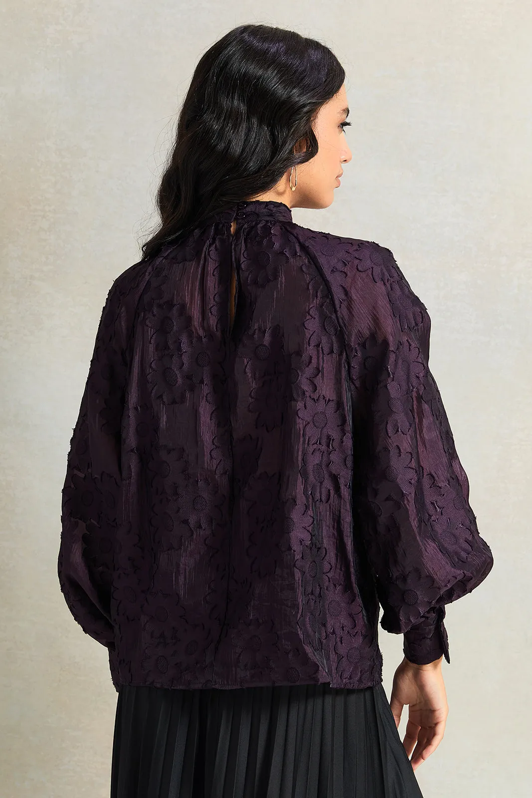 Women Purple Round Neck Jacquard Blouse