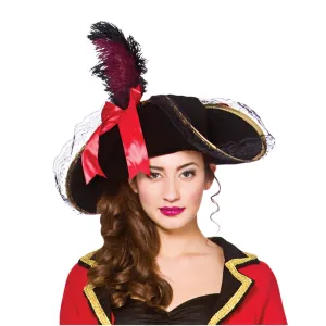 Womens Deluxe Pirate Hat Black Red Feather Fancy Dress