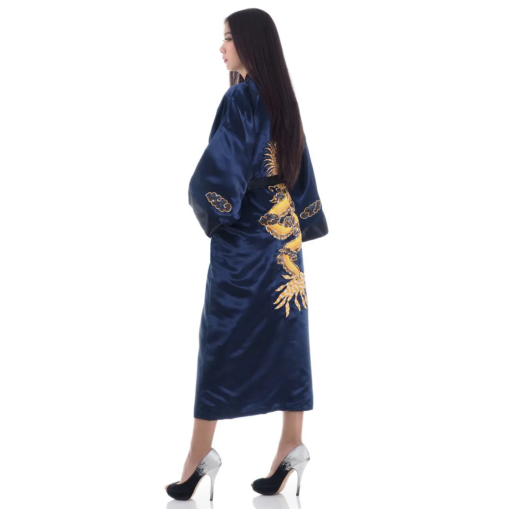 Women’s Navy Serpent Reversible Kimono Robe