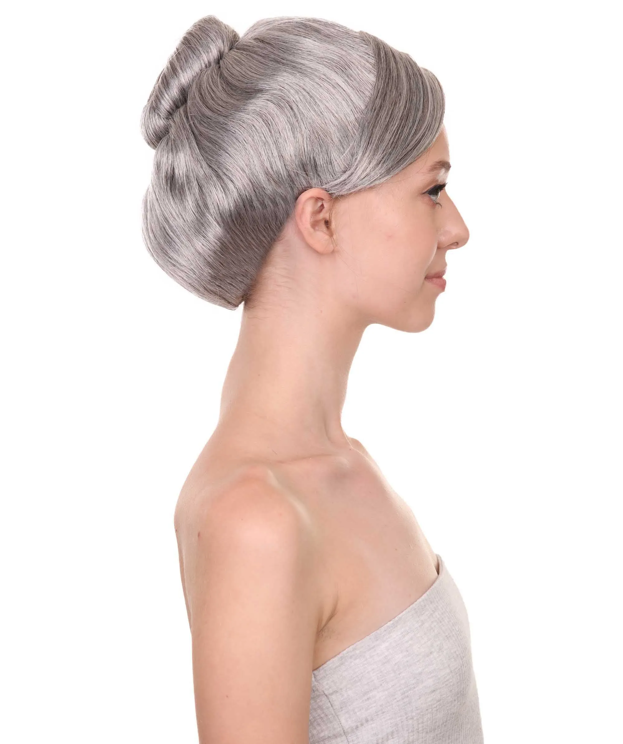 Womens Witch Wig , Silver Grandma With Bun Wig , Premium Breathable Capless Cap