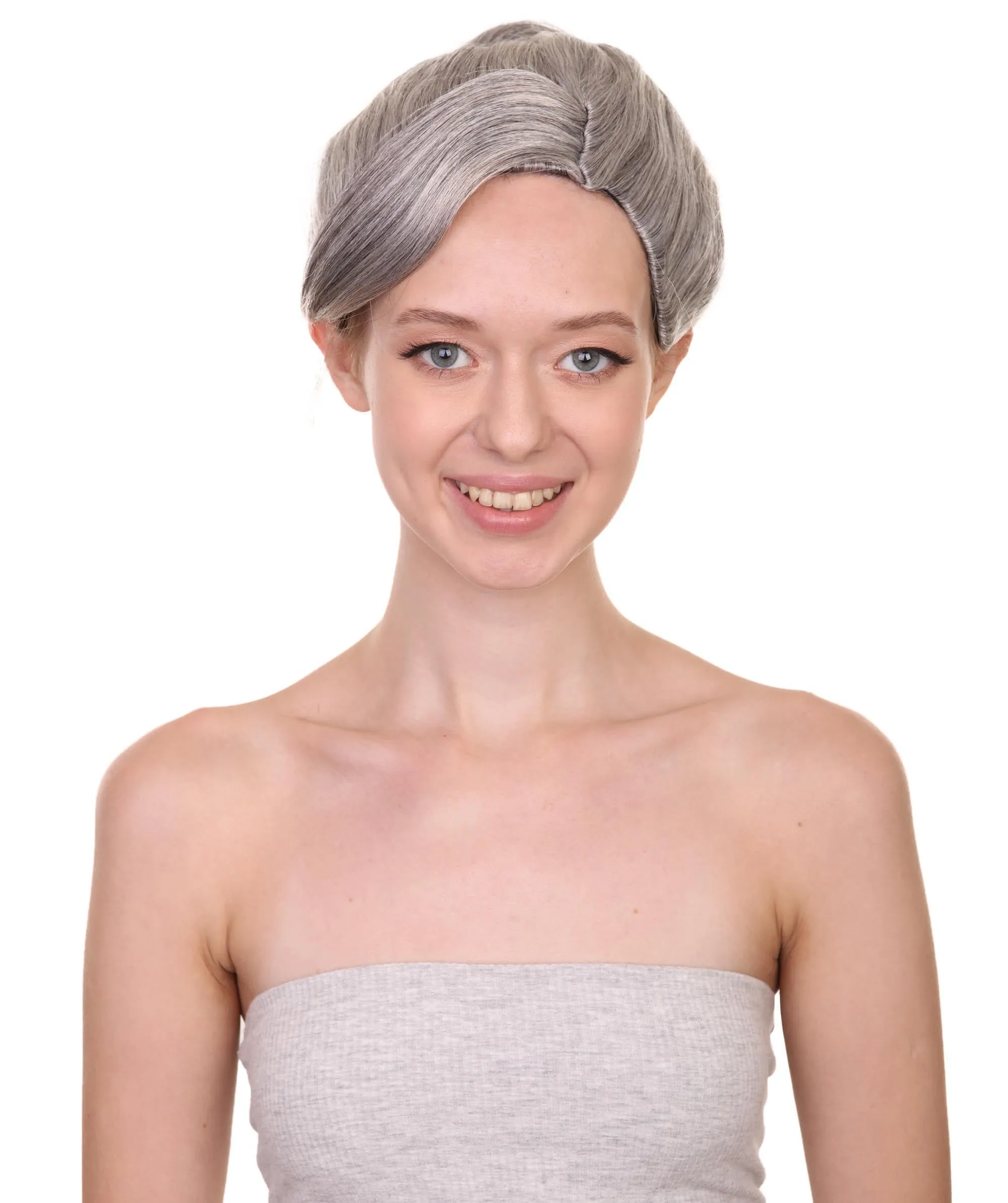 Womens Witch Wig , Silver Grandma With Bun Wig , Premium Breathable Capless Cap