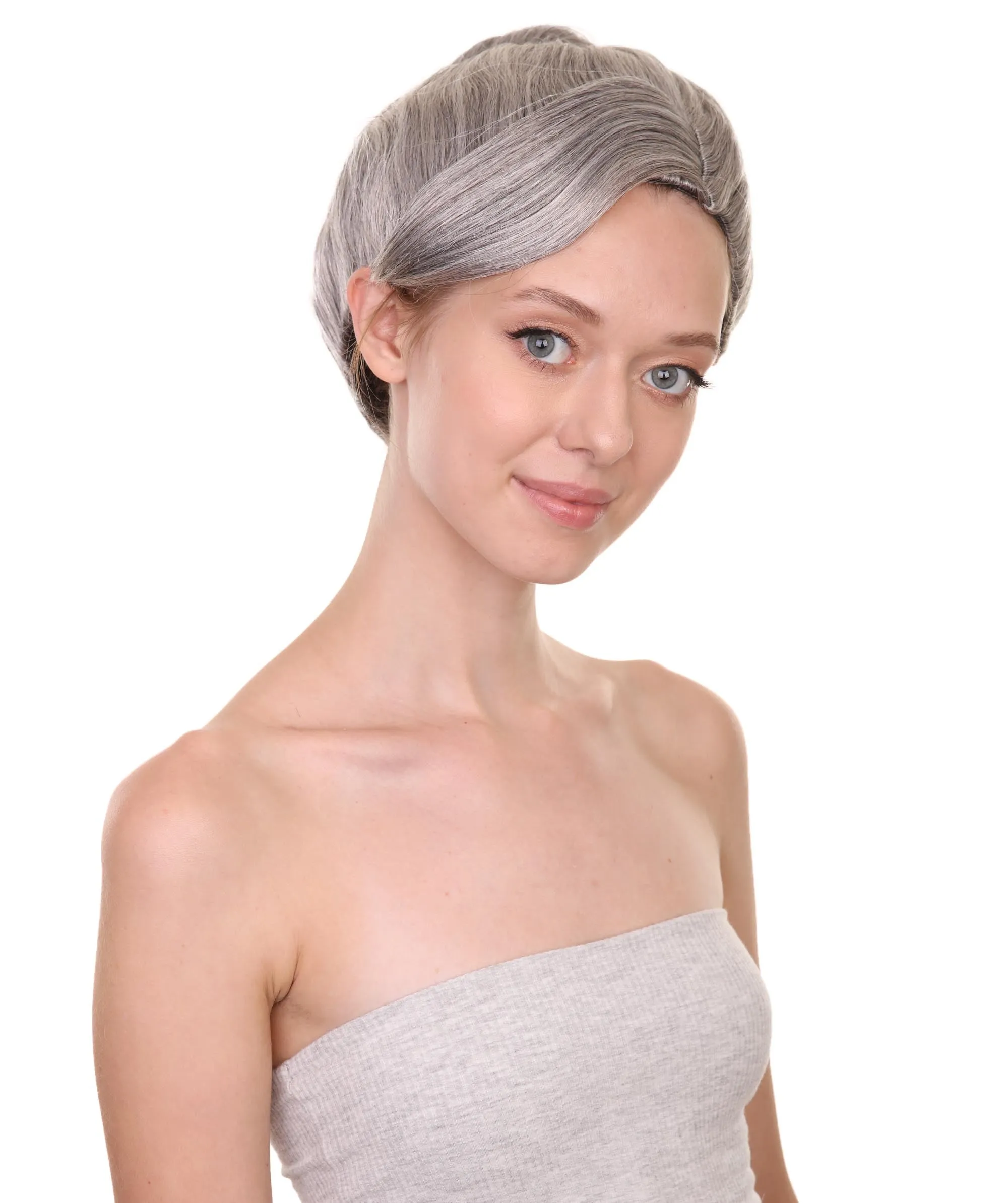 Womens Witch Wig , Silver Grandma With Bun Wig , Premium Breathable Capless Cap