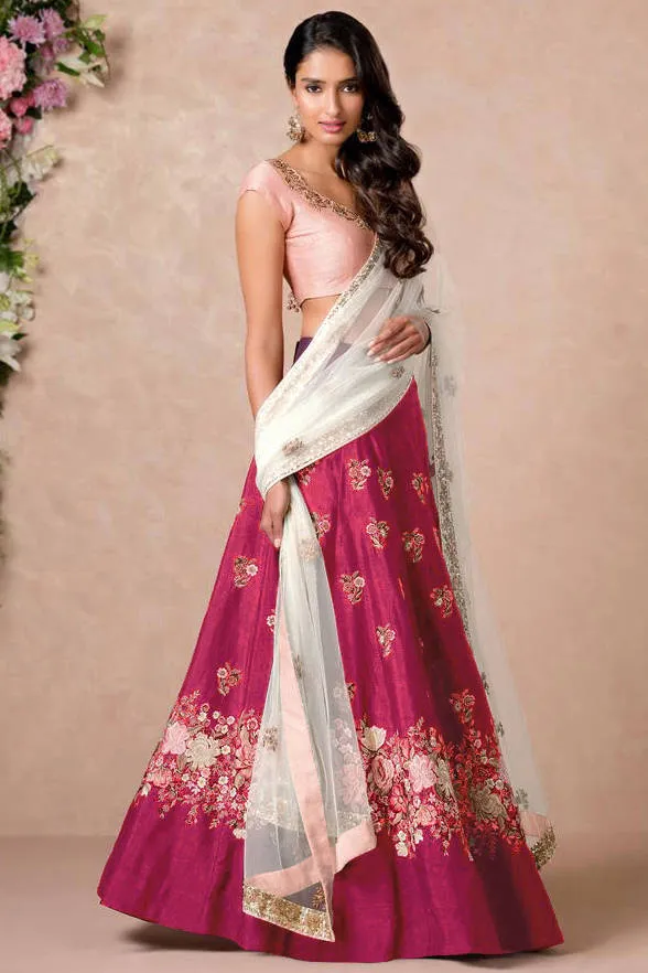 Wonderful Pink Thread Embroidered Silk Wedding Wear Lehenga Choli