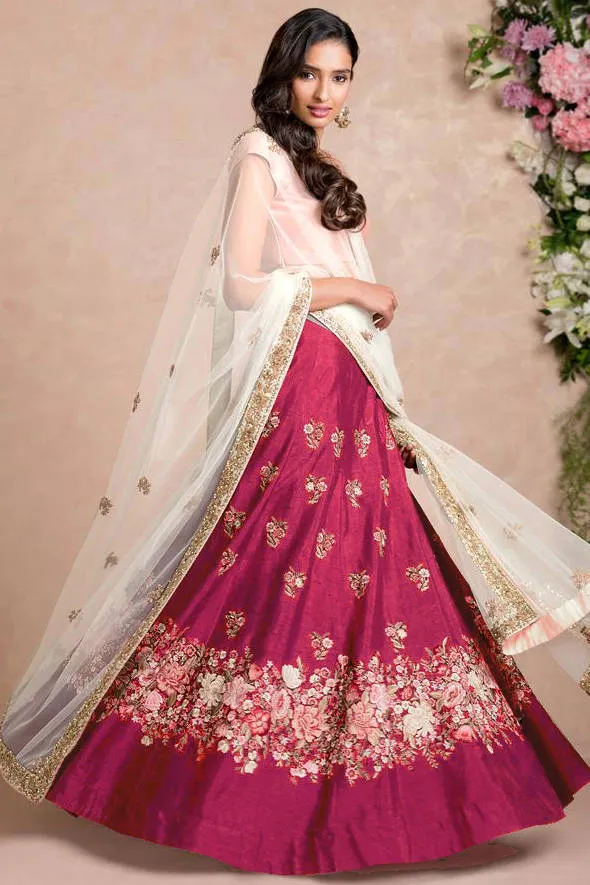 Wonderful Pink Thread Embroidered Silk Wedding Wear Lehenga Choli