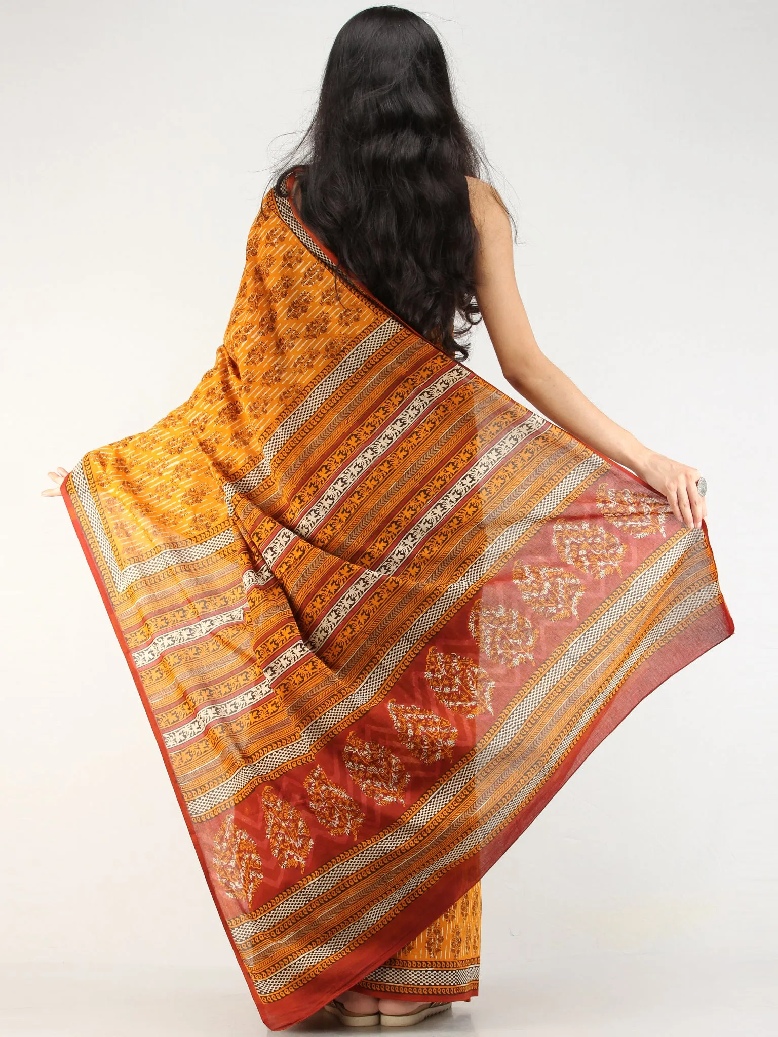 Yellow Rustic Black Hand Block Printed  Cotton Mul Saree - s031704543