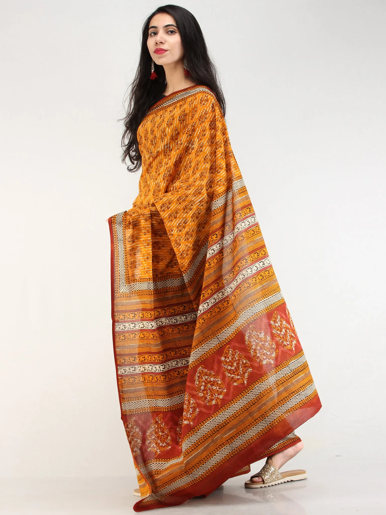 Yellow Rustic Black Hand Block Printed  Cotton Mul Saree - s031704543