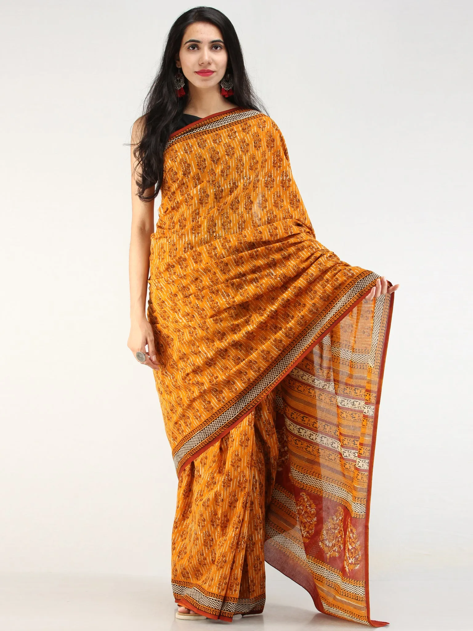 Yellow Rustic Black Hand Block Printed  Cotton Mul Saree - s031704543