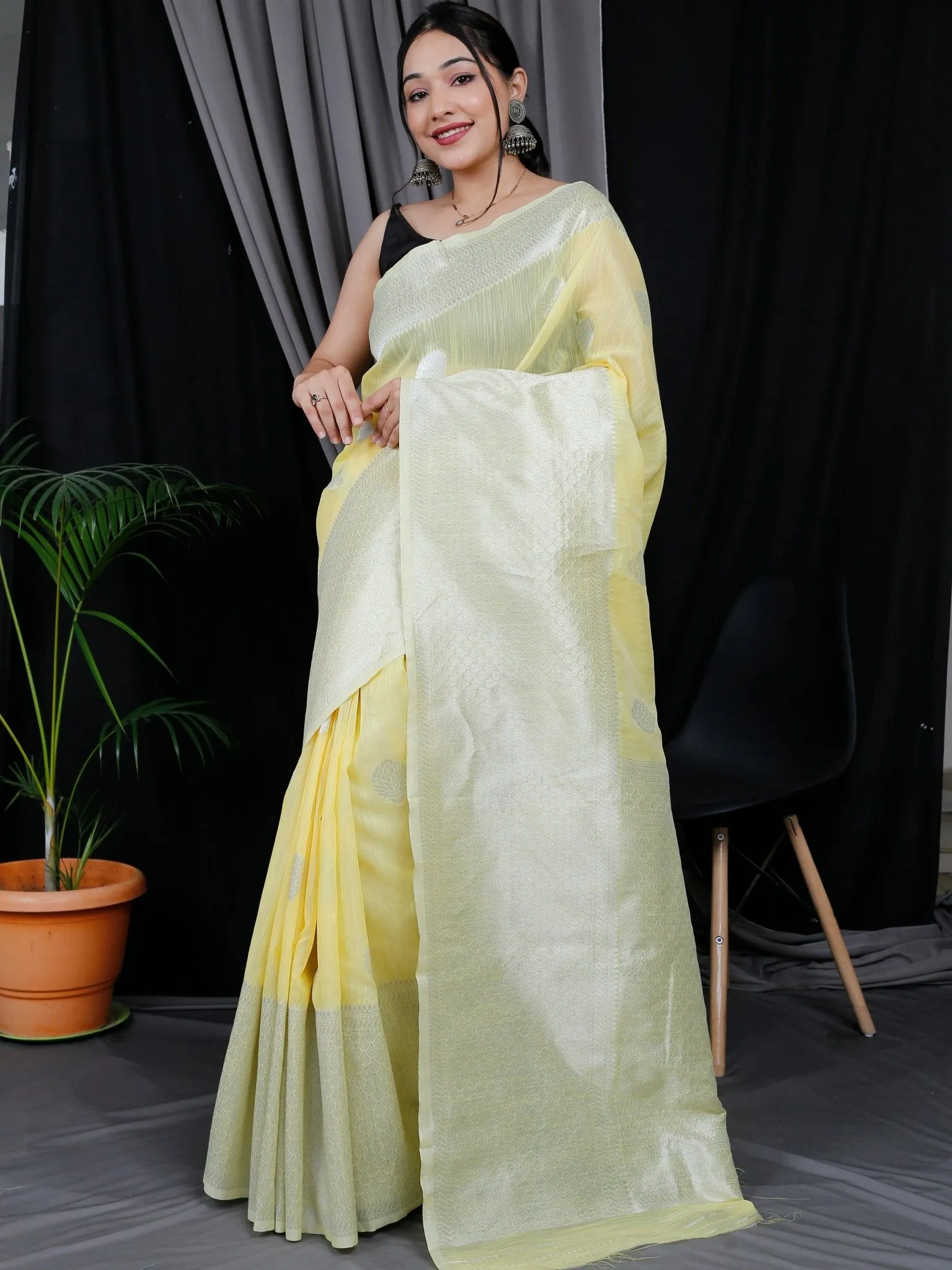 Yellow Saree in Linen Silk with Silver Zari Woven and Big Border