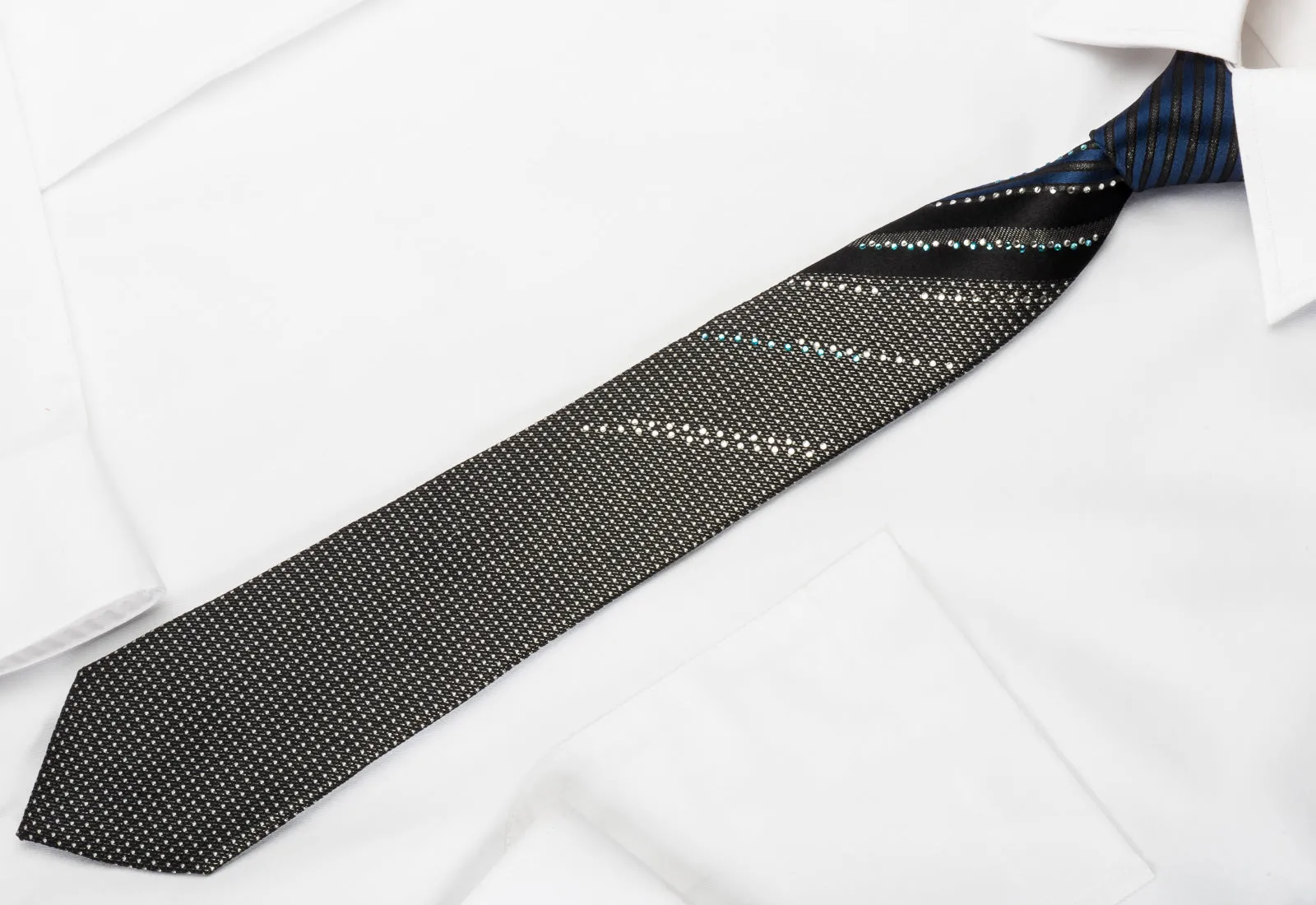 Zenith Homme Skinny Rhinestone Necktie Silver Dots On Black With Silver Sparkles