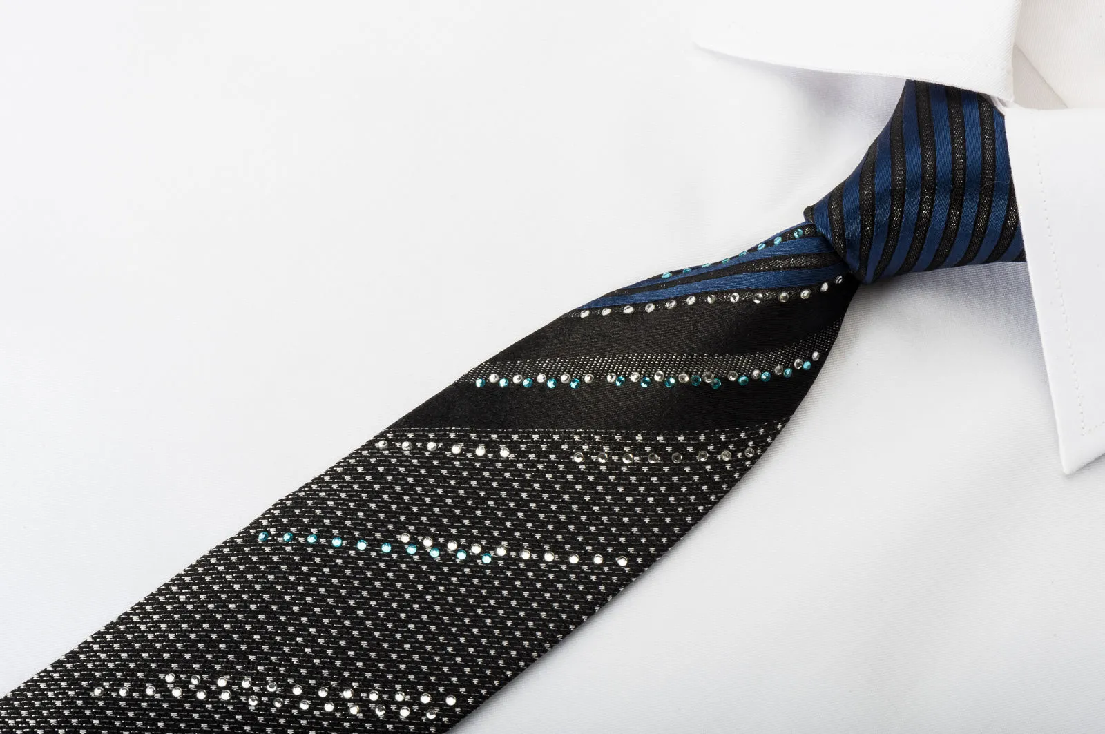 Zenith Homme Skinny Rhinestone Necktie Silver Dots On Black With Silver Sparkles